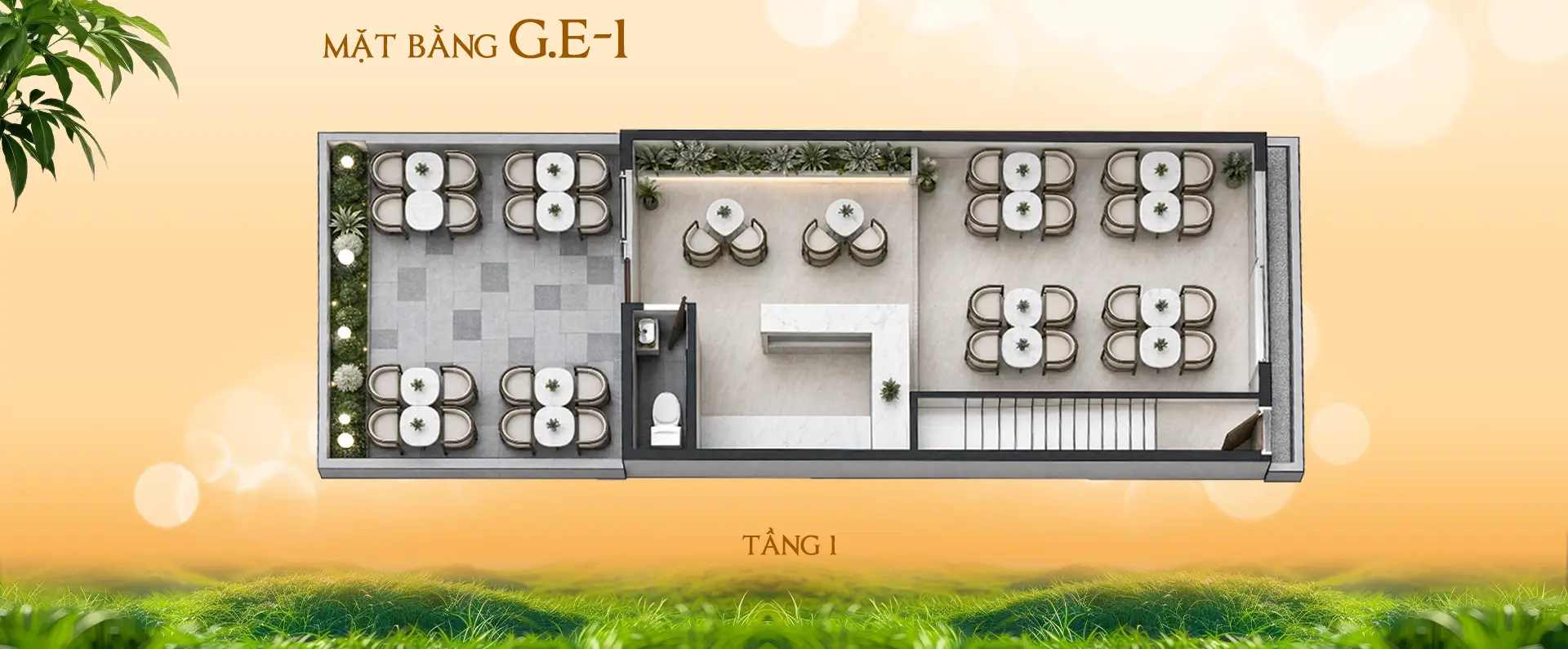 Sơ đồ mặt bằng tầng 1 biệt thự G.E-1 không gian kinh doanh cafe và sân ngoài trời