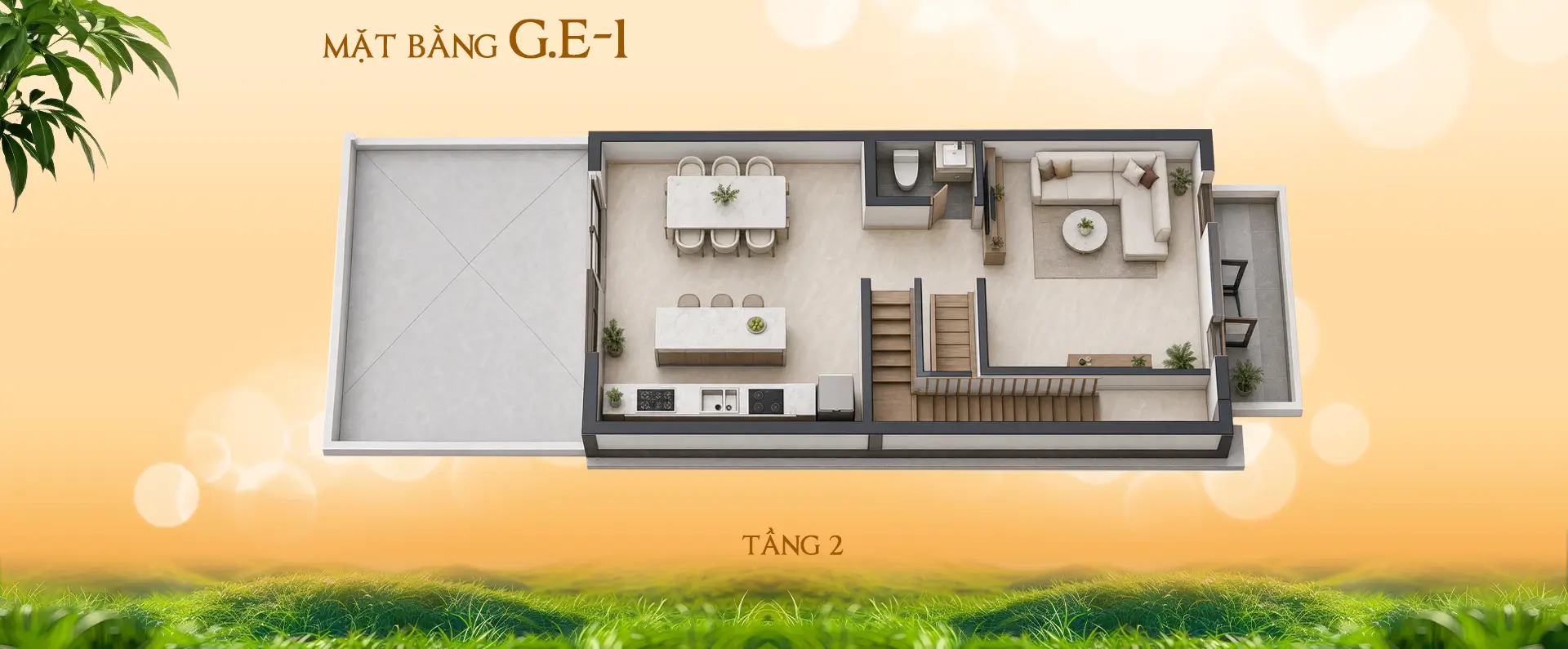 Sơ đồ mặt bằng tầng 2 biệt thự G.E-1 bao gồm phòng khách, bếp ăn và ban công