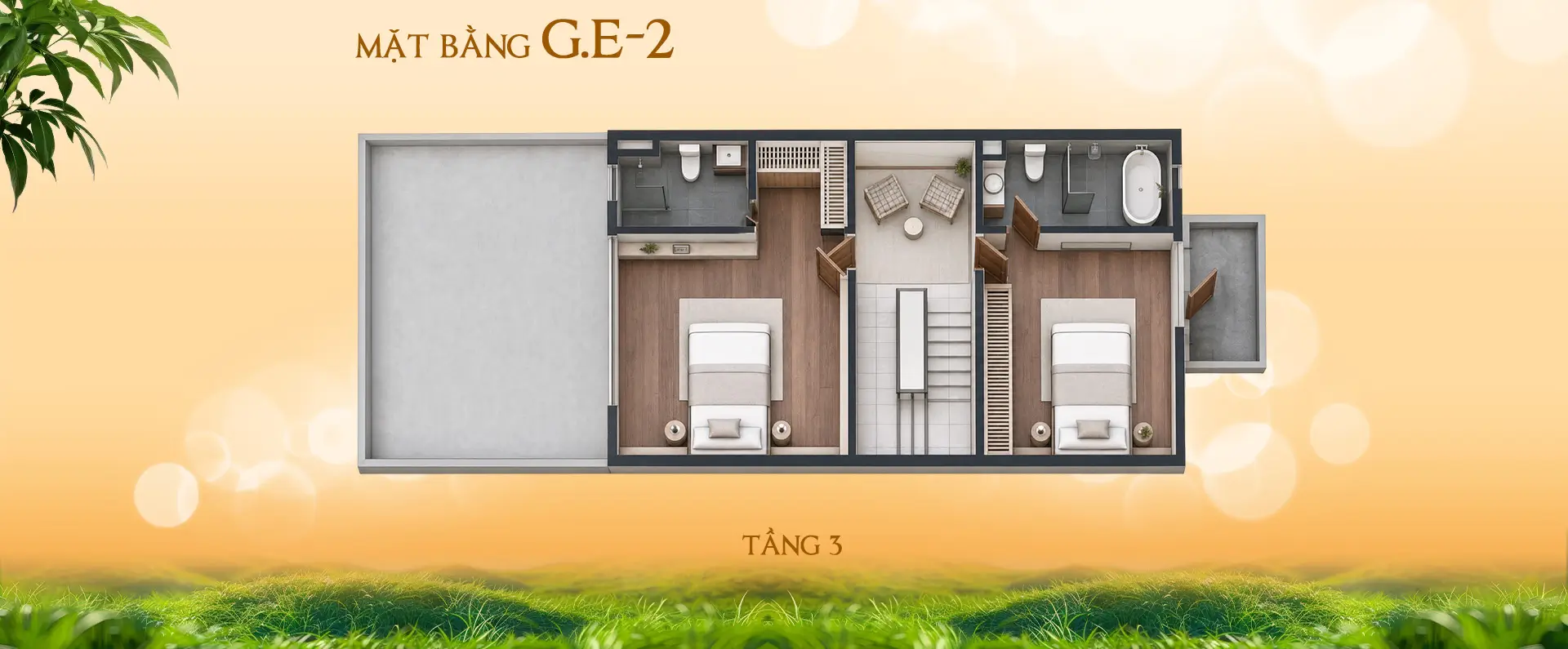 Sơ đồ mặt bằng tầng 3 biệt thự G.E-2 bao gồm 2 phòng ngủ khép kín có bồn tắm nằm