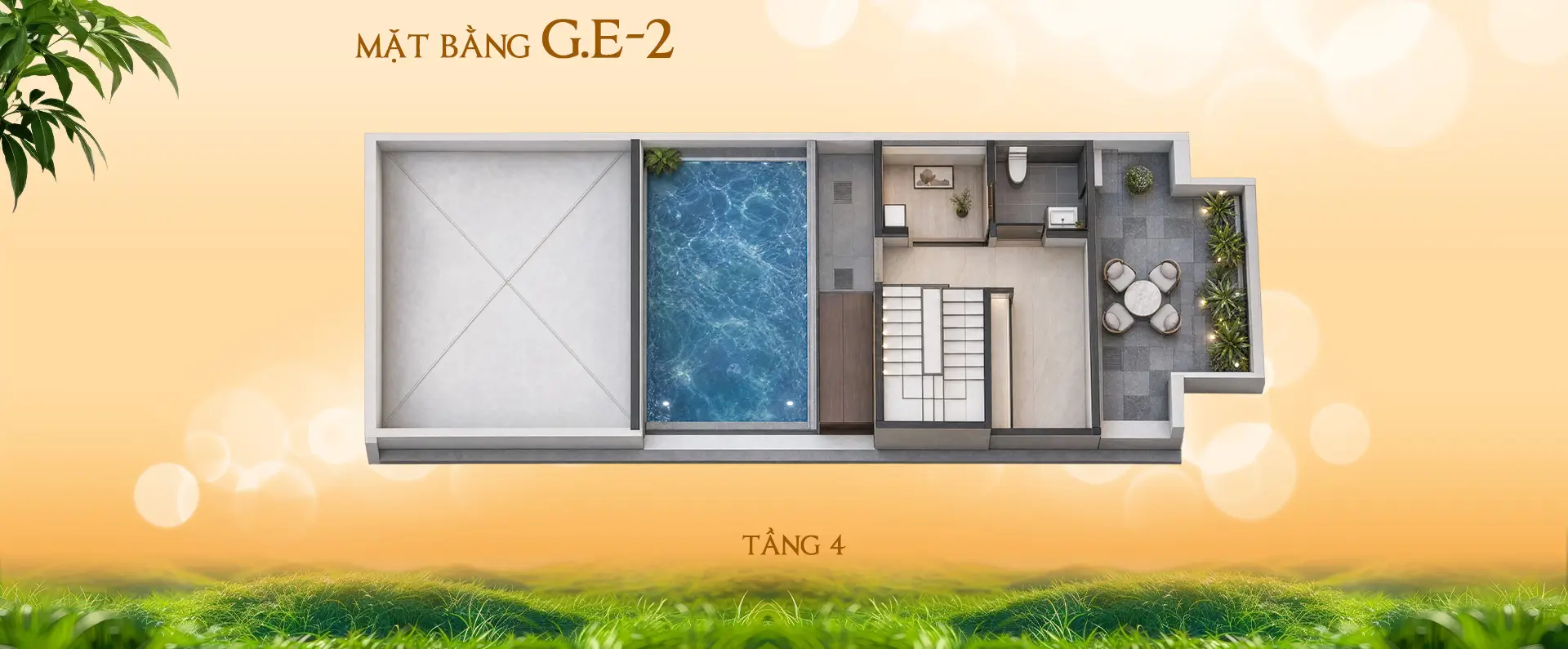 Sơ đồ mặt bằng tầng 4 biệt thự G.E-2 bao gồm bể bơi ngoài trời và sân thư giãn