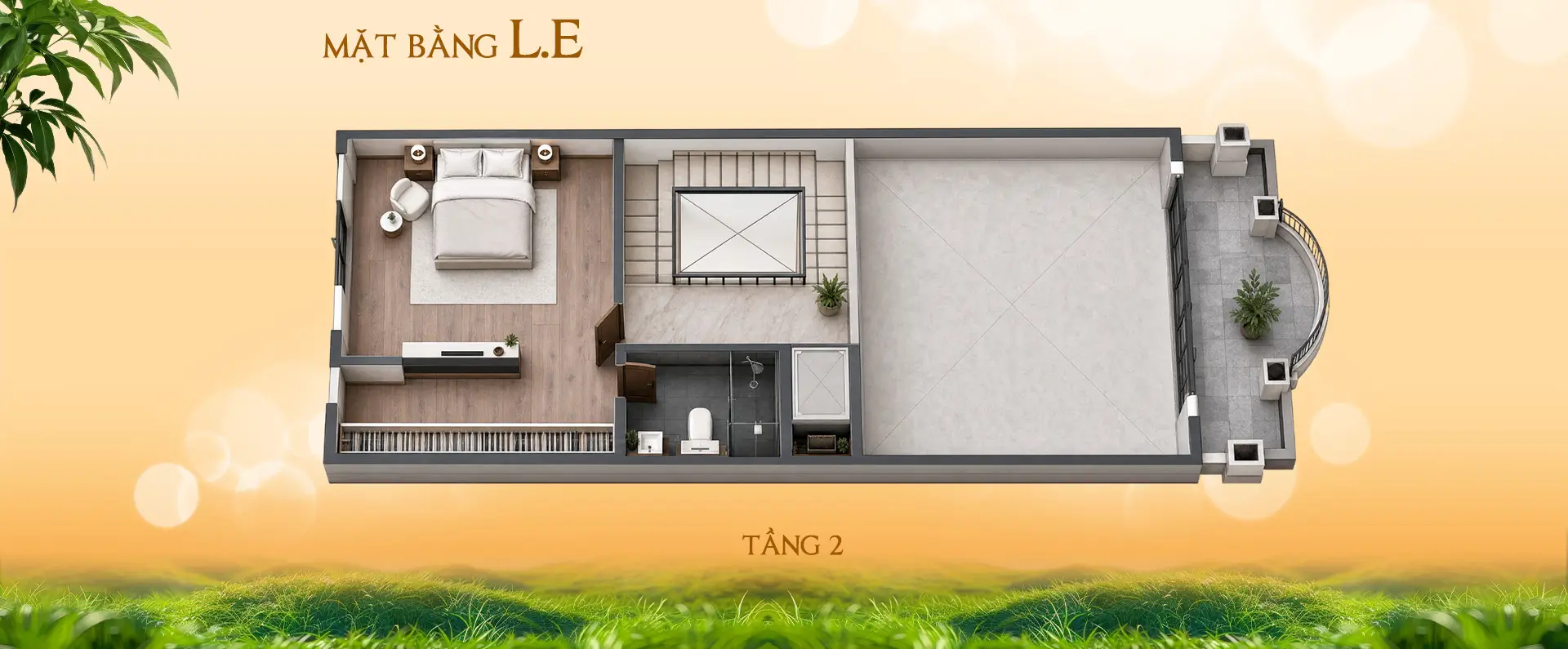 Sơ đồ mặt bằng tầng 2 biệt thự L.E bao gồm phòng ngủ lớn khép kín và ban công vòm