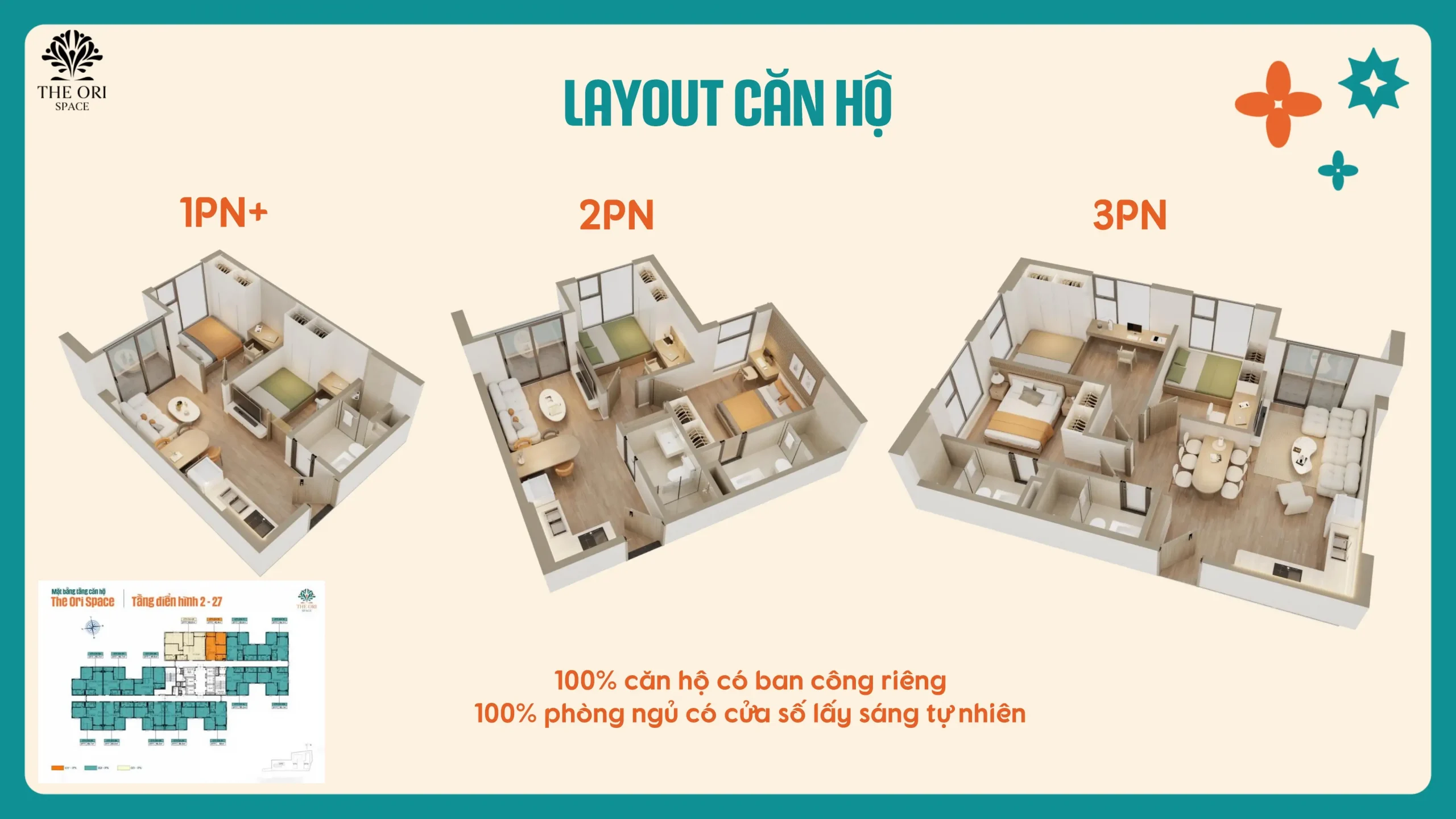 Layout căn hộ 1PN+, 2PN, 3PN The Ori Space