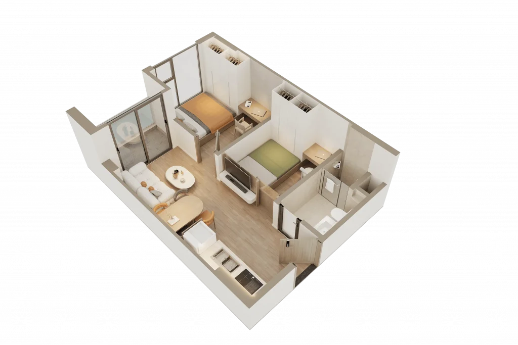 Mặt bằng căn hộ 2PN 49,8 m² The Ori Space