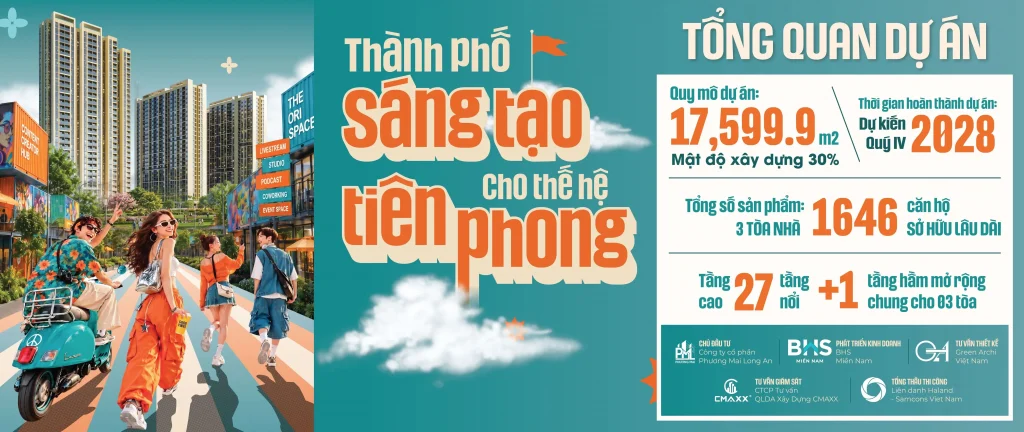 Thông tin tổng quan quy mô dự án The Ori Space với 3 tòa nhà 27 tầng gồm 1646 căn hộ sở hữu lâu dài dự kiến hoàn thành quý 4 năm 2028.