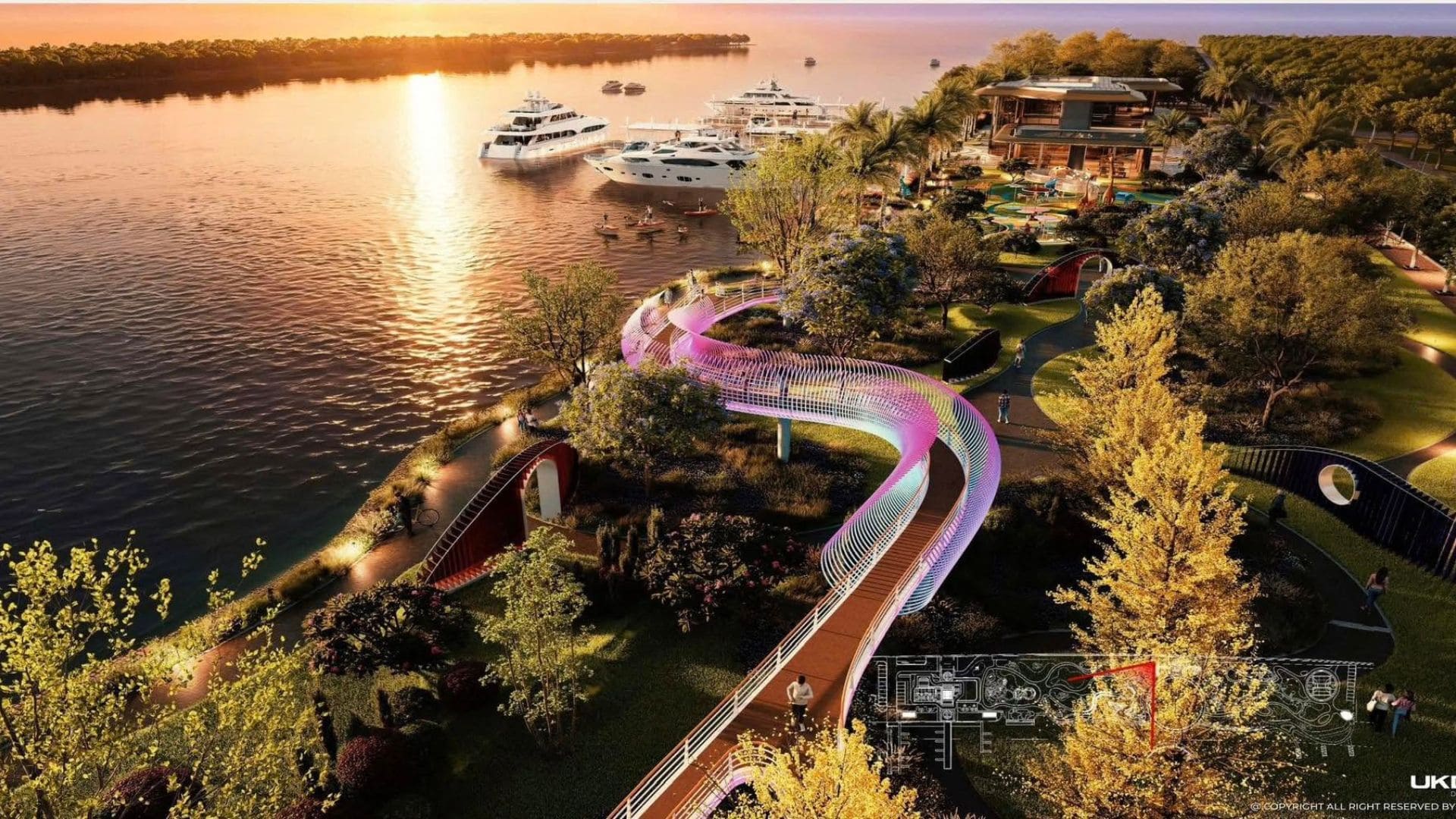 Cầu đi bộ phát sáng LED nhiều màu và bến du thuyền The Emerald River Park khi hoàng hôn