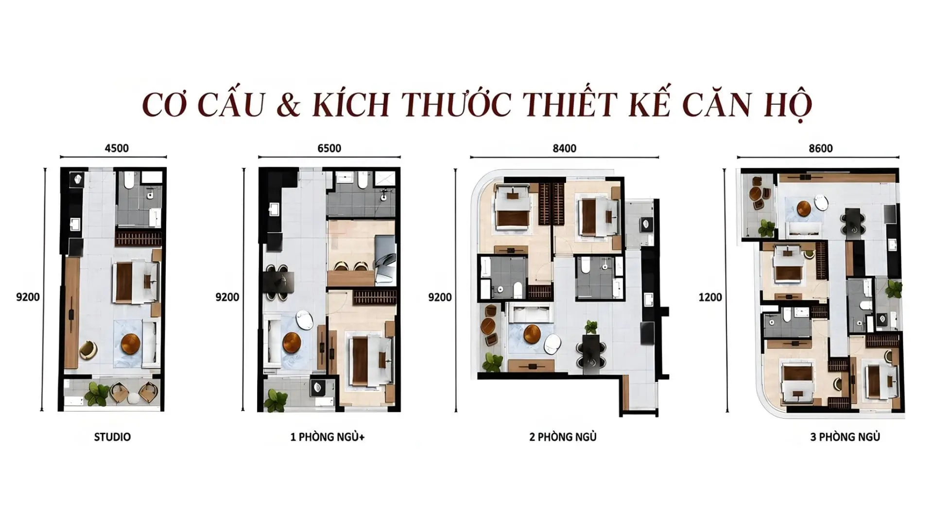 Cơ cấu và kích thước thiết kế căn hộ The Emerald River Park – Studio 1PN 2PN 3PN