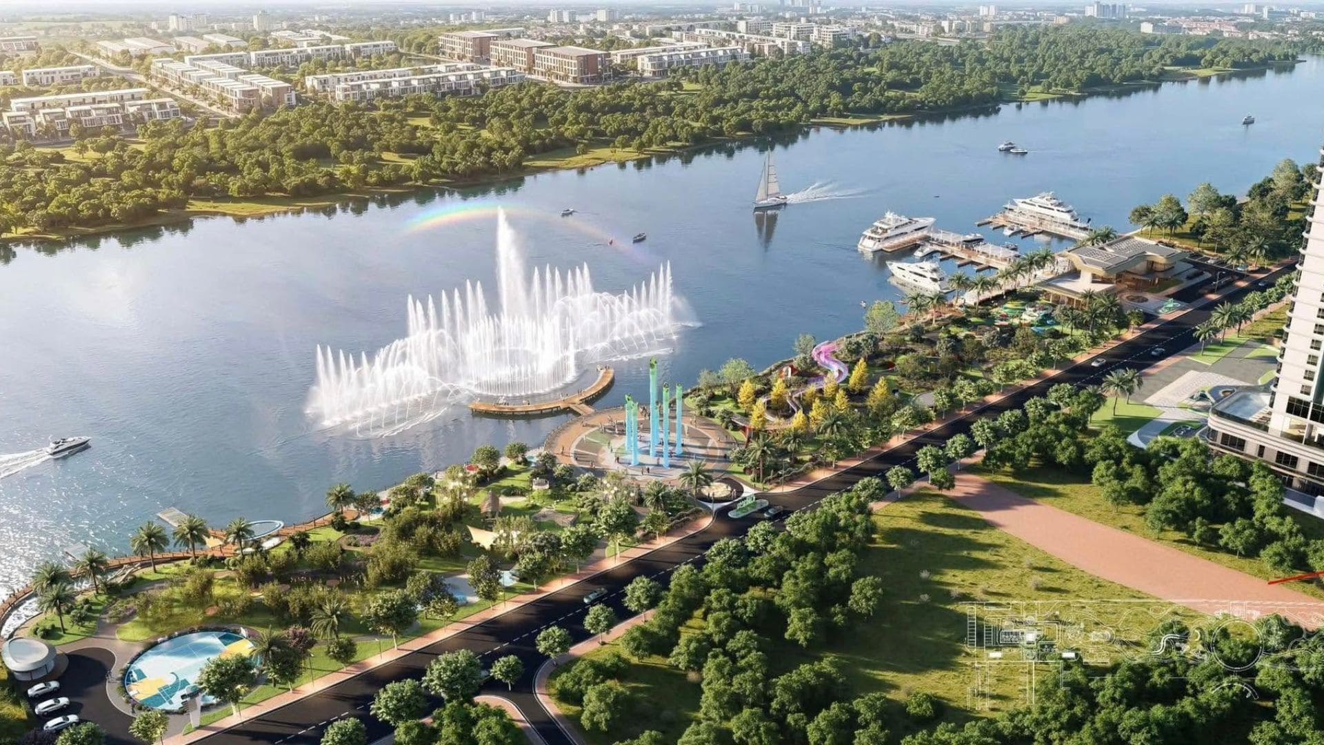 Đài phun nước nhạc nước lớn trên sông Sài Gòn tại The Emerald River Park Thuận An