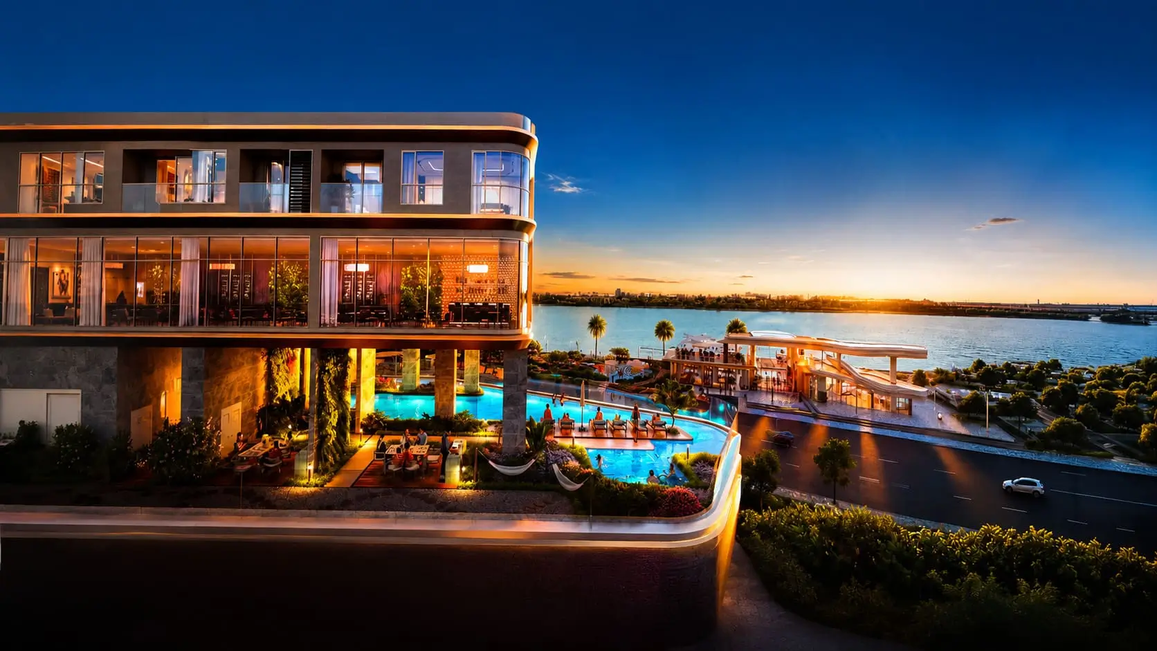 Hồ bơi vô cực và khu F&B ven sông The Emerald River Park nhìn ra sông Sài Gòn