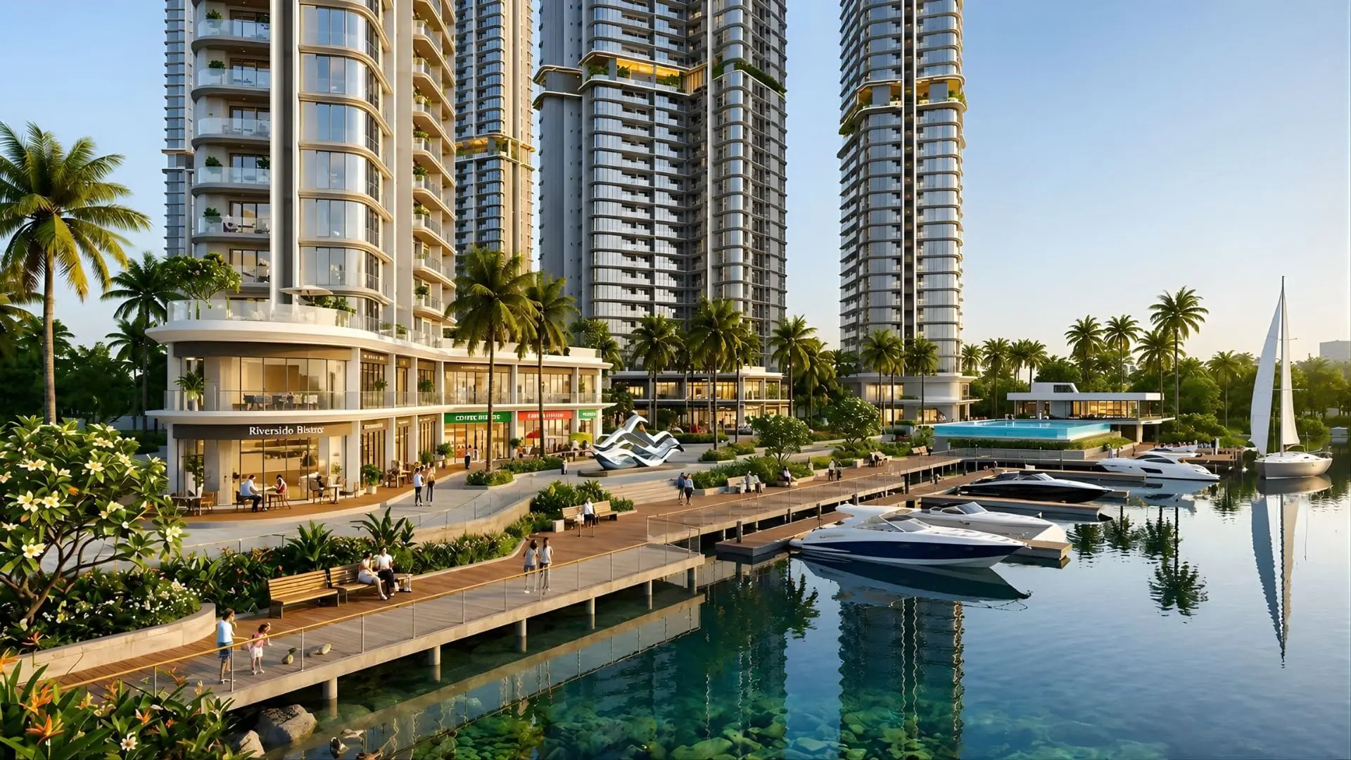 The Emerald River Park nhìn từ sông Sài Gòn ban ngày – bến du thuyền và cảnh quan xanh mướt