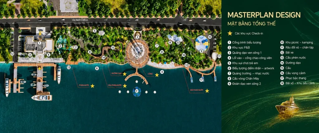 Masterplan tổng thể công viên ven sông The Emerald River Park – 18 khu vực tiện ích từ bến du thuyền đến đài phun nước