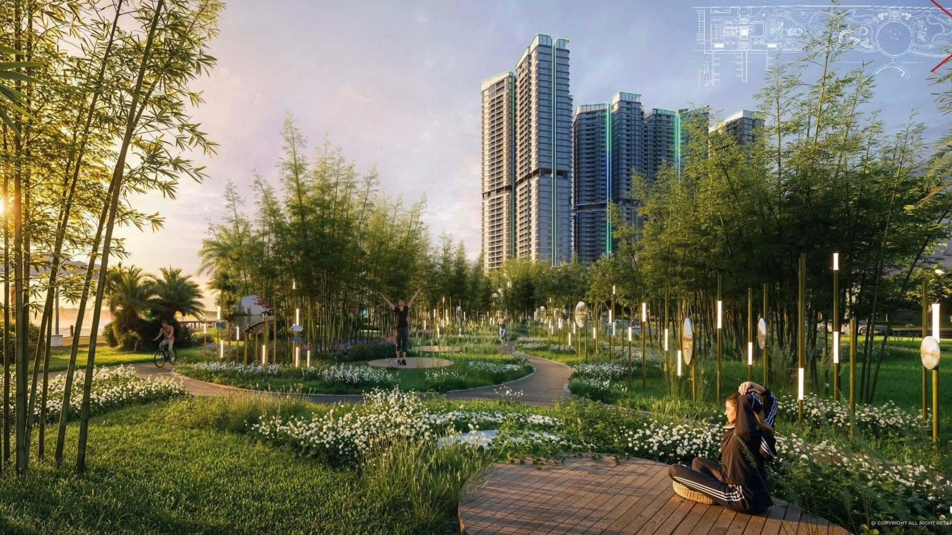 Vườn tre xanh và lối đi bộ lãng mạn trong khuôn viên The Emerald River Park Bình Dương