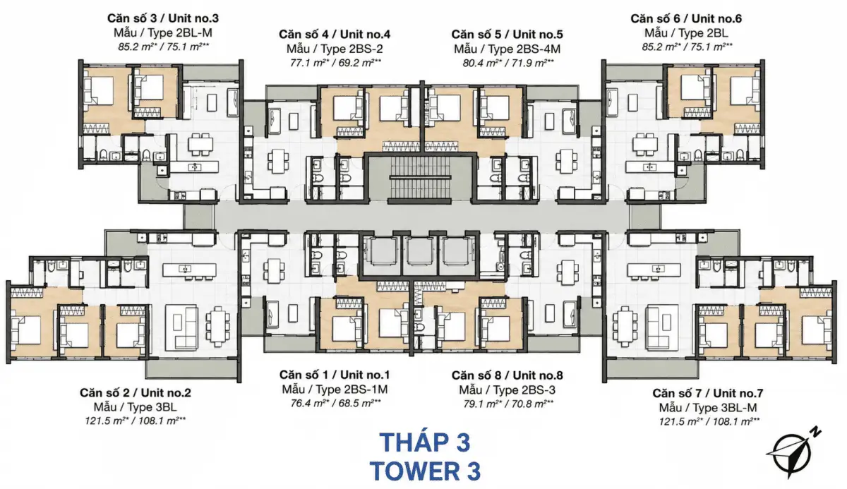 Mặt bằng tháp 3 căn hộ dự án Palm City