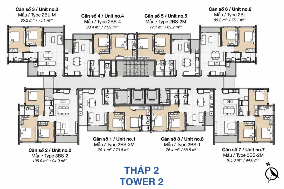 Mặt bằng tháp 2 căn hộ dự án Palm City